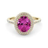 Double Halo pink topaz-diamond ring